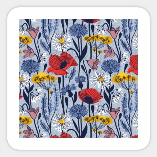 Wild field // pattern // pastel blue background neon red orange shade poppies white daisies denim blue cornflower pink bluebells yellow fennel flowers and other wild flowers meadow plants Sticker